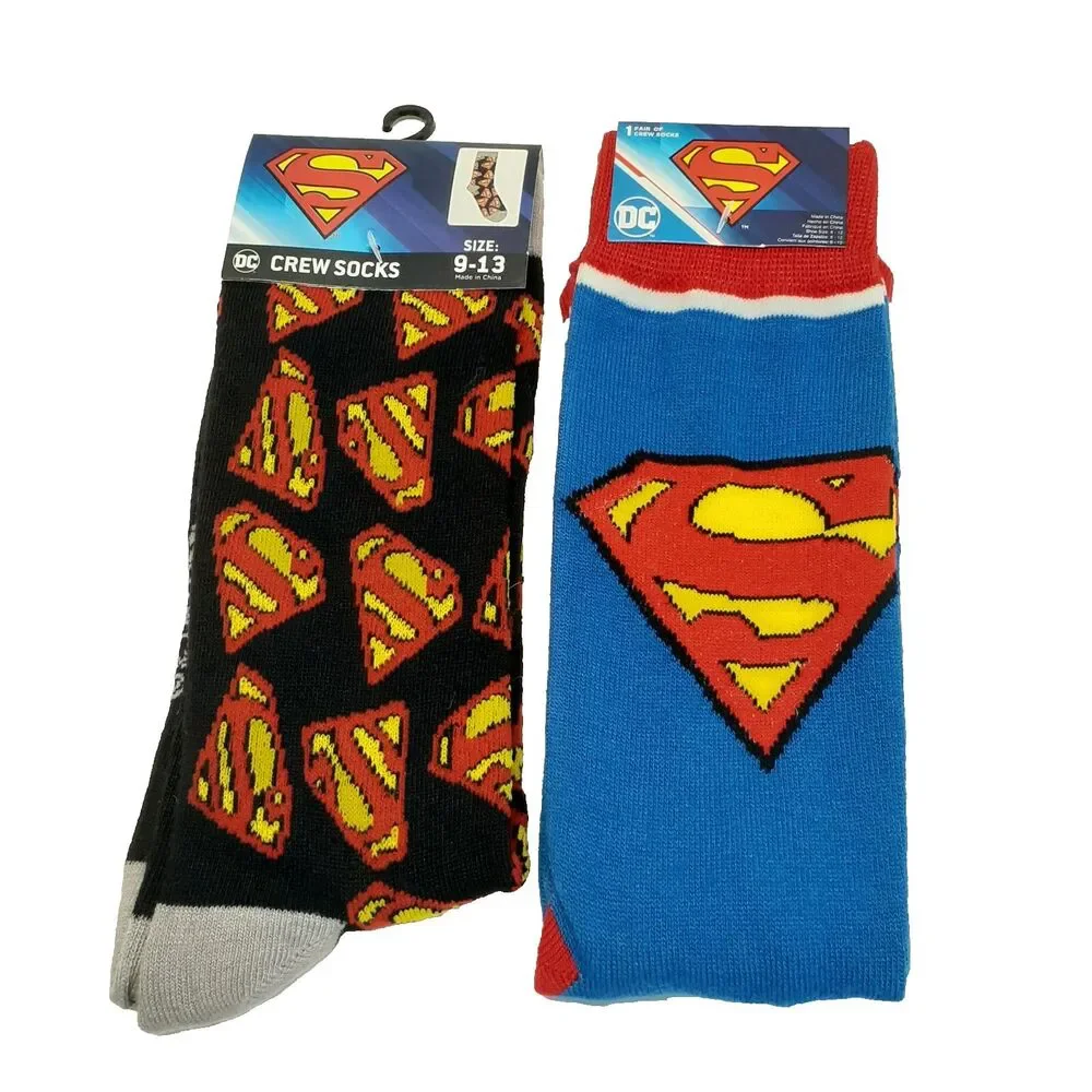 DC Superman Socks Movie Cartoon Comic 2 Pair Adult Men Crew Size 6-12 NWT